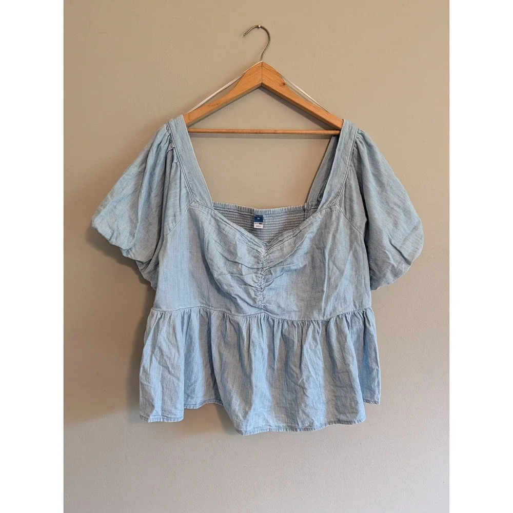 Old Navy 3X Denim Chambray Peasant Top Puff Sleeve Smocked Boho Prairie Cottage